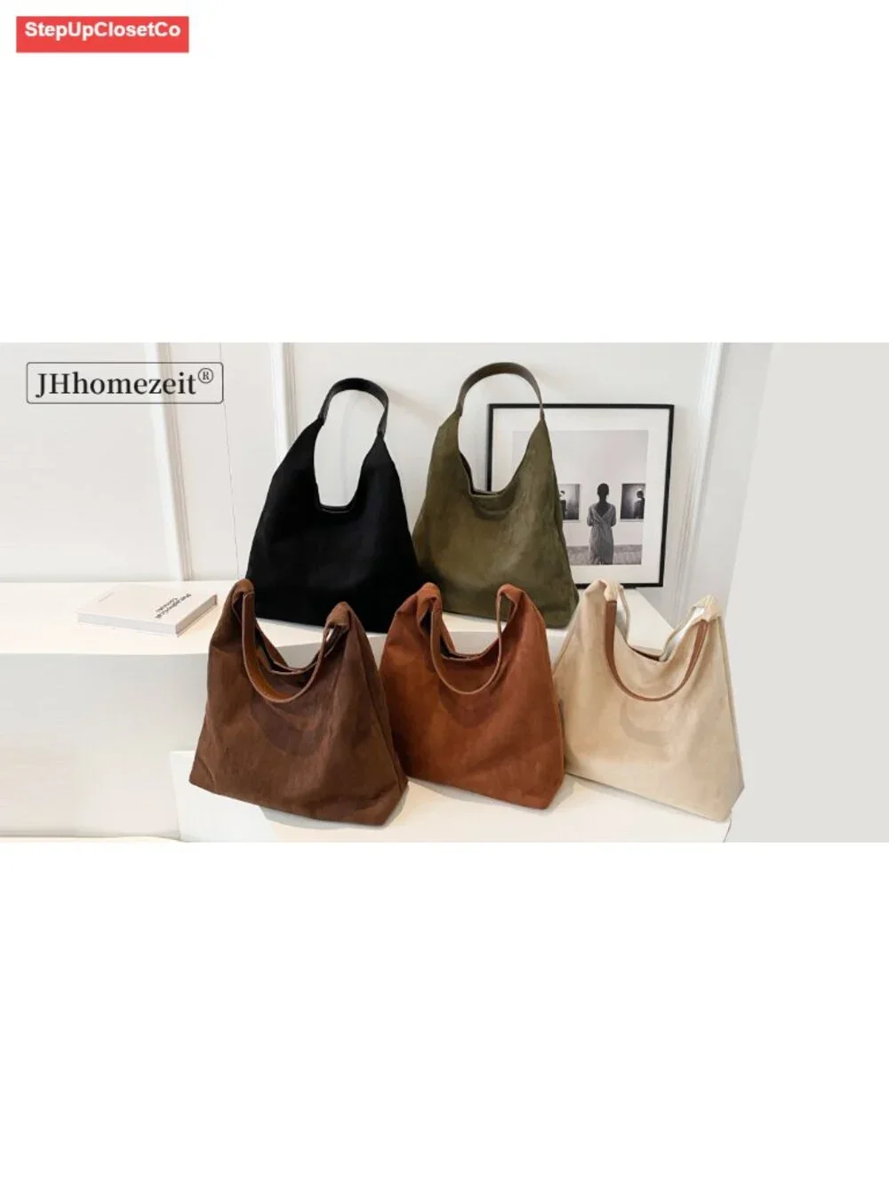 Faux Suede Slouchy Hobo Tote Bag for Women Retro Shoulder Handbag